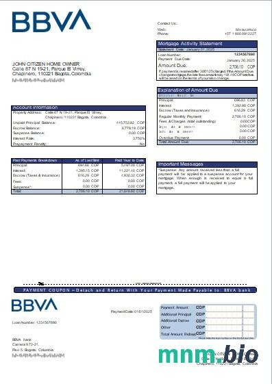 Kolumbia Bank BBVA wyciąg z kredytu hipotecznego szablon Word i PDF